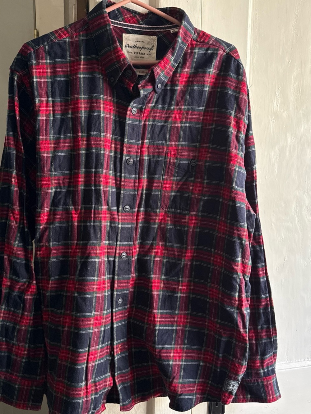 Weatherproof Men's Red and Navy Plaid Button-Down Shirt - Classic Plaid